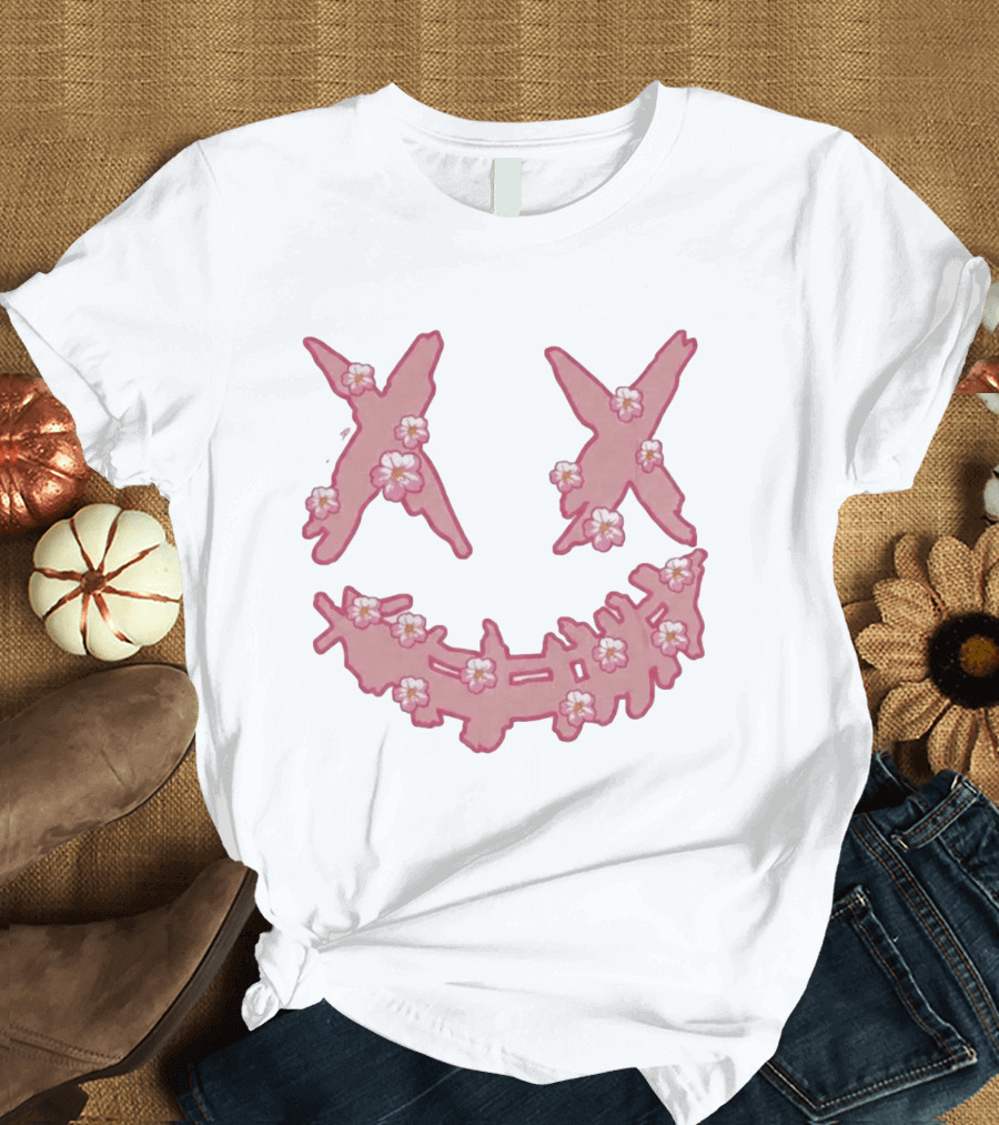 Kaos Ric Ricky Is Clown Sakura Pink Embroidery With Floral X Smiley T-Shirt