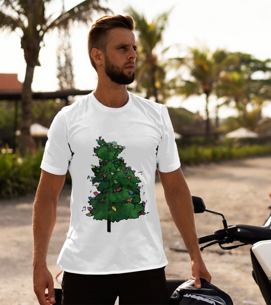 Colorful Singing Birds In Evergreen Tree With Musical Notes T-Shirt