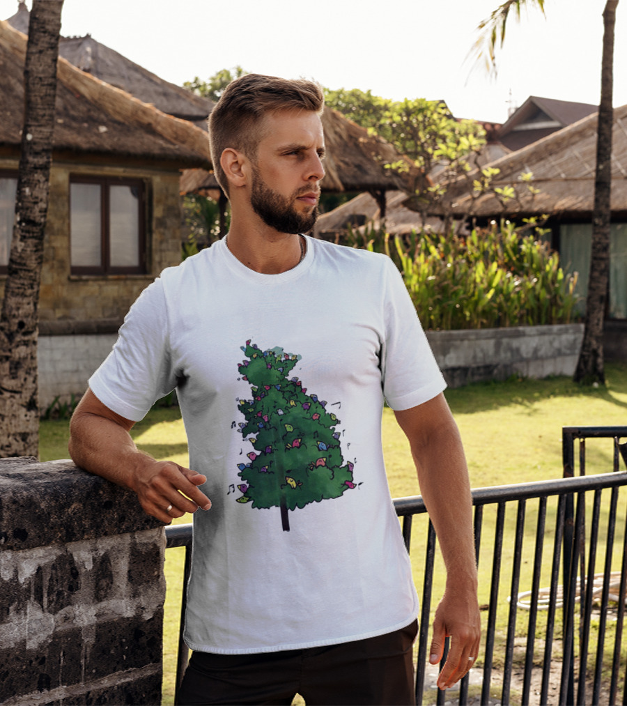Colorful Singing Birds In Evergreen Tree With Musical Notes T-Shirt