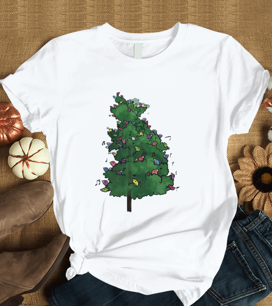 Colorful Singing Birds In Evergreen Tree With Musical Notes T-Shirt