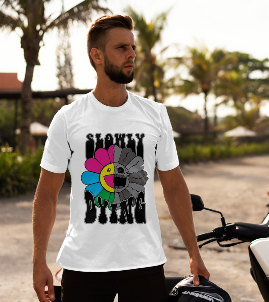 Slowly Dying Colorful Flower Skull Dark Half Happy Half Grim T-Shirt