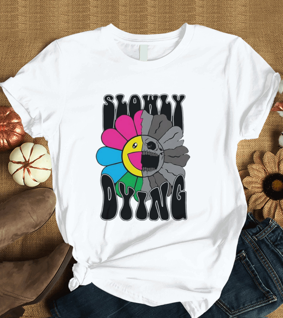 Slowly Dying Colorful Flower Skull Dark Half Happy Half Grim T-Shirt