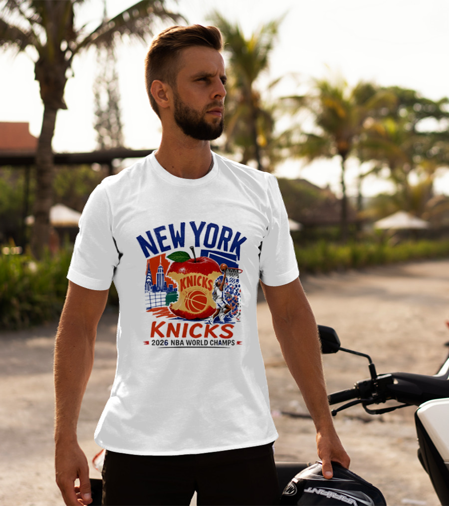 New York Knicks 2026 NBA World Champs Skyline Apple Basketball T-Shirt