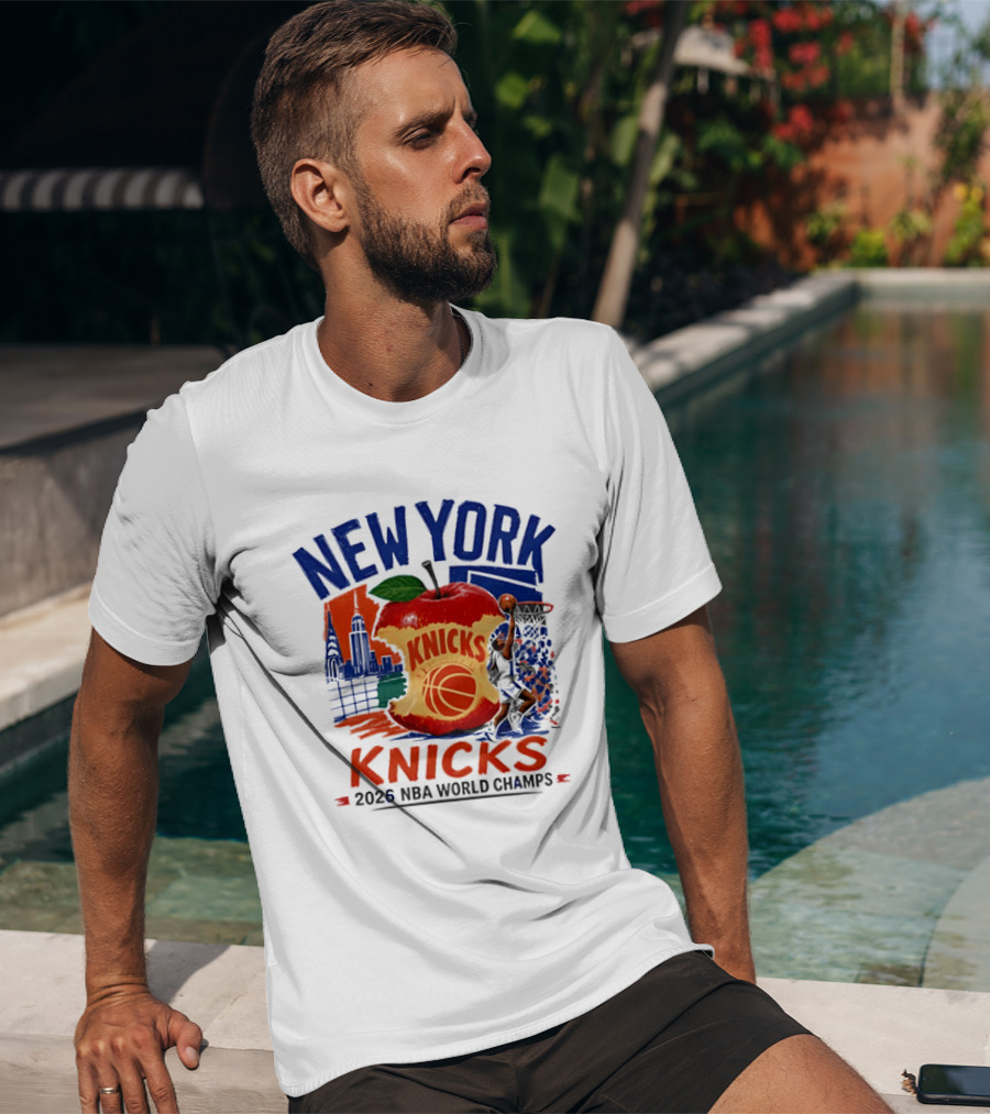 New York Knicks 2026 NBA World Champs Skyline Apple Basketball T-Shirt
