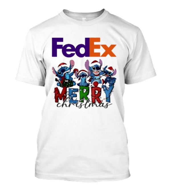 FedEx Stitch Merry Christmas 2025 Characters In Santa Hats T-Shirt