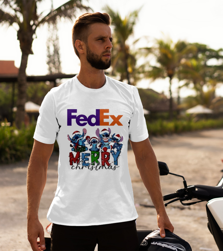 FedEx Stitch Merry Christmas 2025 Characters In Santa Hats T-Shirt