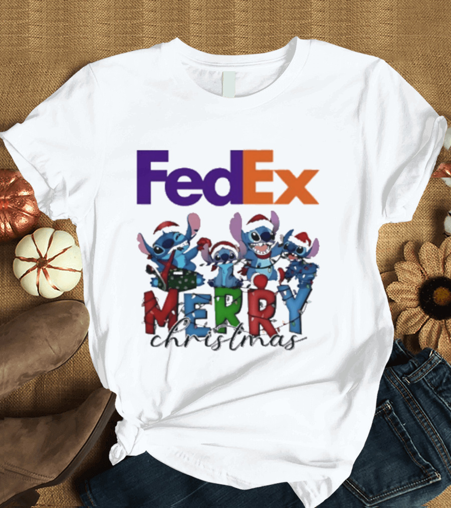 FedEx Stitch Merry Christmas 2025 Characters In Santa Hats T-Shirt