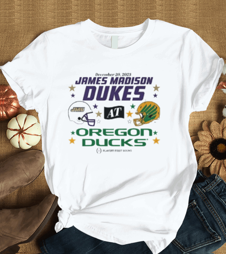 James Madison Dukes Vs Oregon Ducks December 20 2025 CFP Playoff First Round T-Shirt