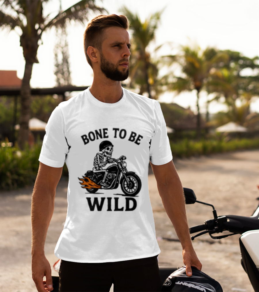 Bone To Be Wild Skeleton Motorcycle Rider Flames T-Shirt