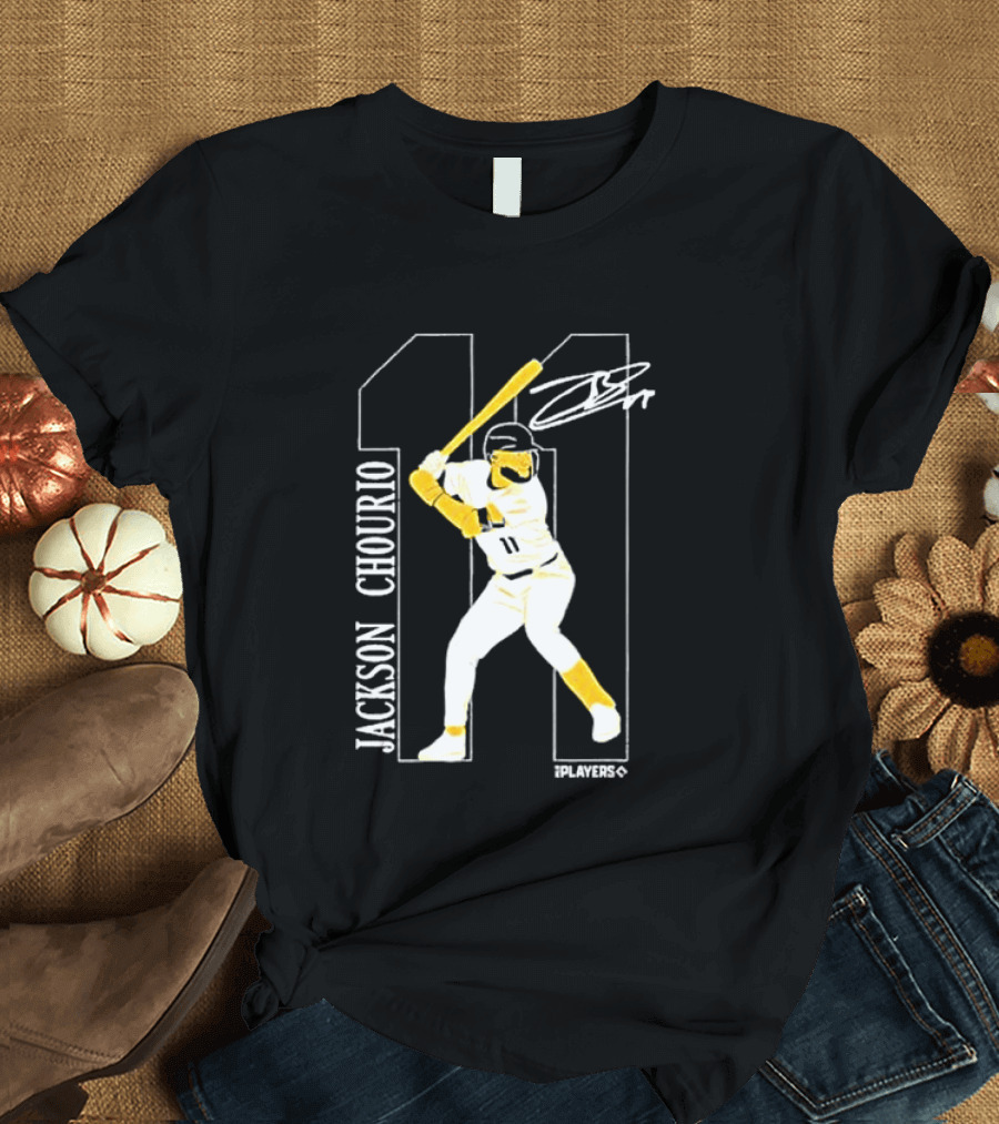 Jackson Chourio Brewers 11 Batting Pose Signature T-Shirt
