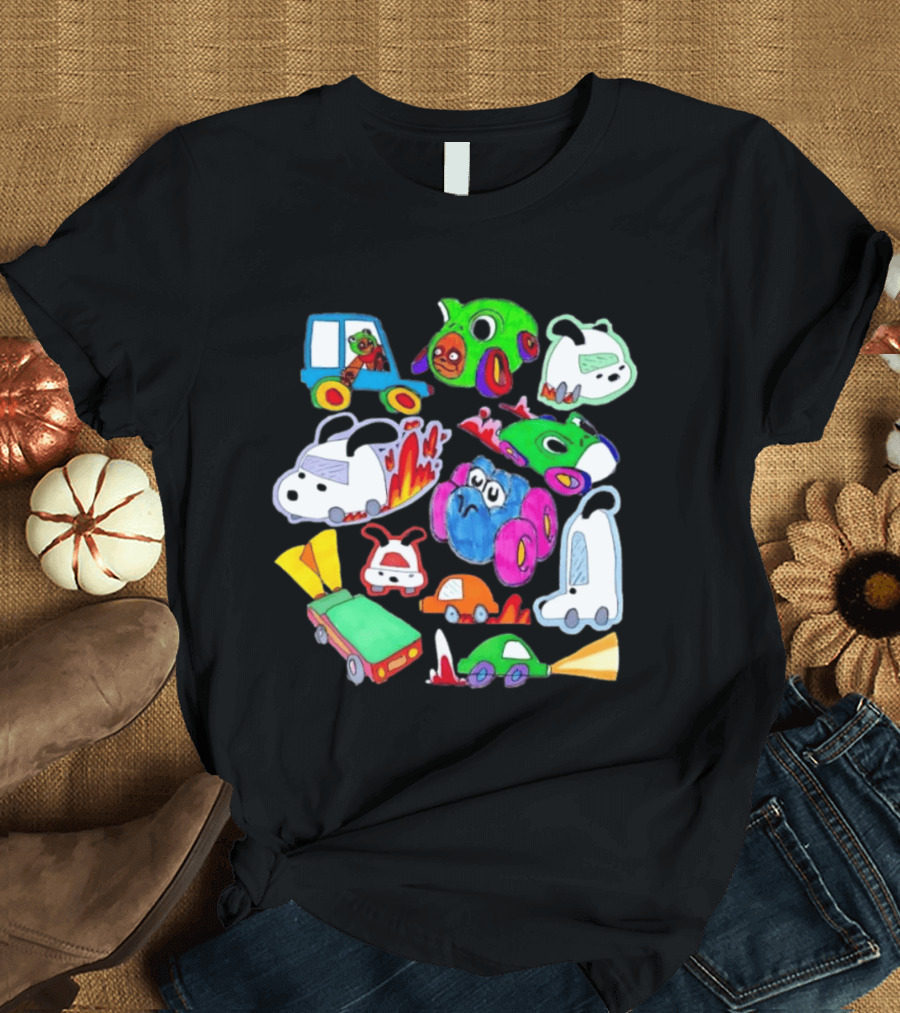 Colorful Cartoon Animal Toy Cars With Rocket Exhaust And Flames Racing Sketch T-Shirt
