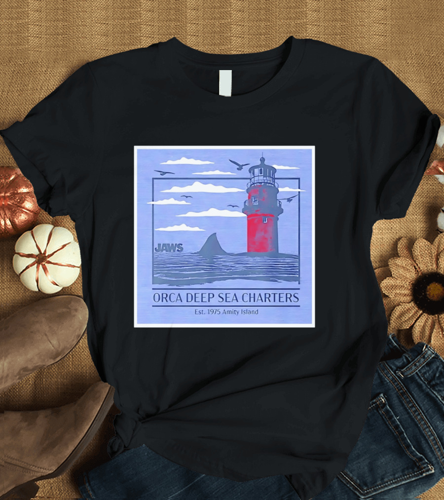 Jaws Orca Deep Sea Charters 1975 Amity Island Lighthouse Ocean Adventure T-Shirt