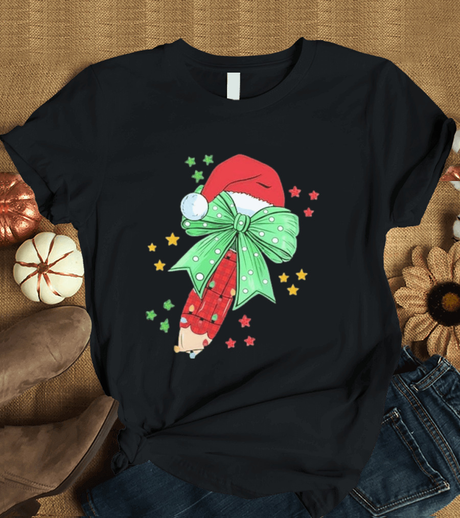 Christmas Elf Pen Candy Cane With Green Bow And Santa Hat T-Shirt
