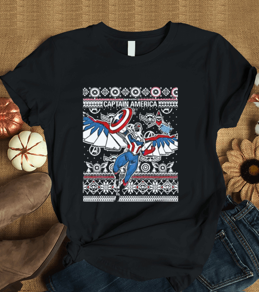 Marvel Captain America Sam Wilson Christmas Sweater Style Festive Holiday T-Shirt