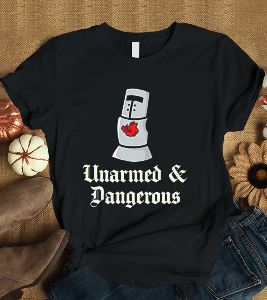 Unarmed And Dangerous Classic Medieval Helmet With Red Mark T-Shirt