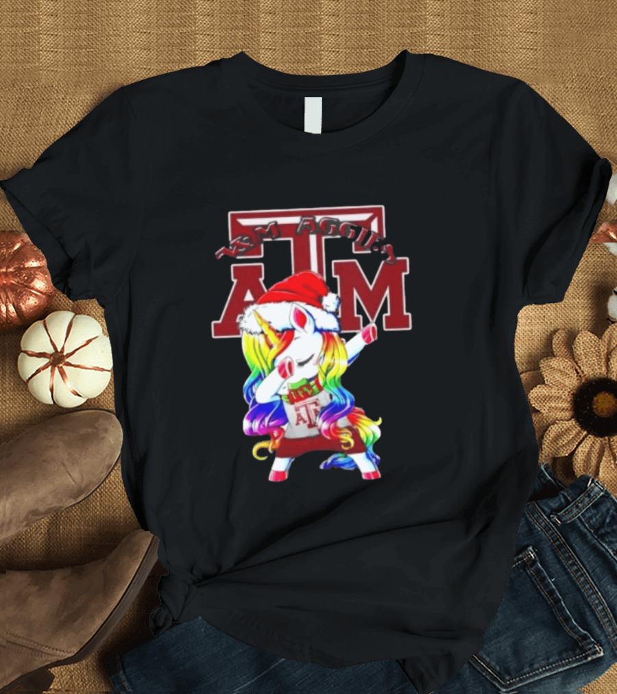 Texas Am Aggies Unicorn Dabbing Santa Hat Merry Christmas T-Shirt