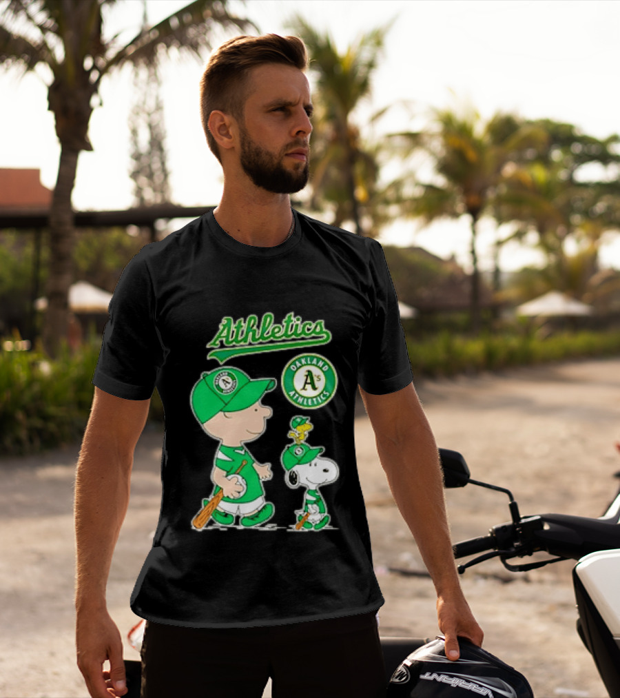 Oakland Athletics MLB Charlie Brown Snoopy Woodstock Baseball Peanuts Characters T-Shirt