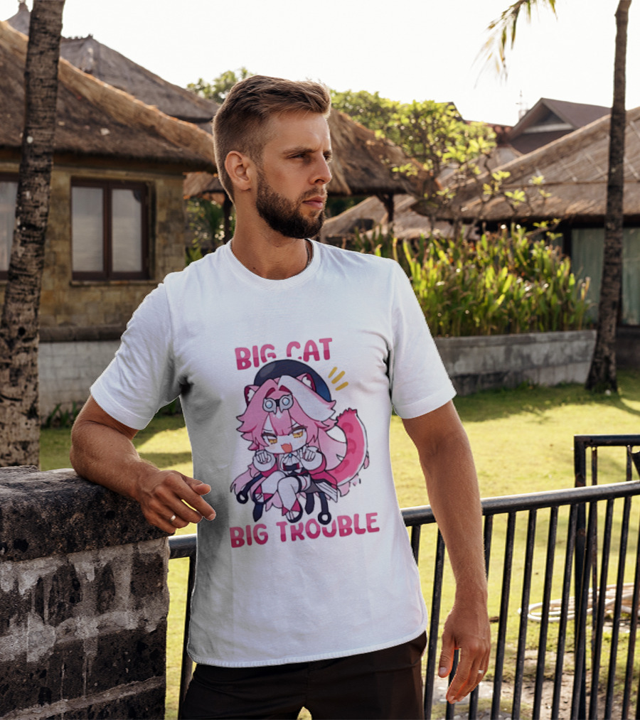 Big Cat Big Trouble Chibi Character With Pink Hair And Tail T-Shirt