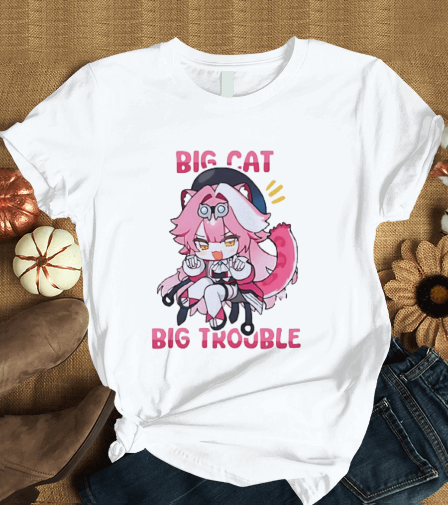 Big Cat Big Trouble Chibi Character With Pink Hair And Tail T-Shirt