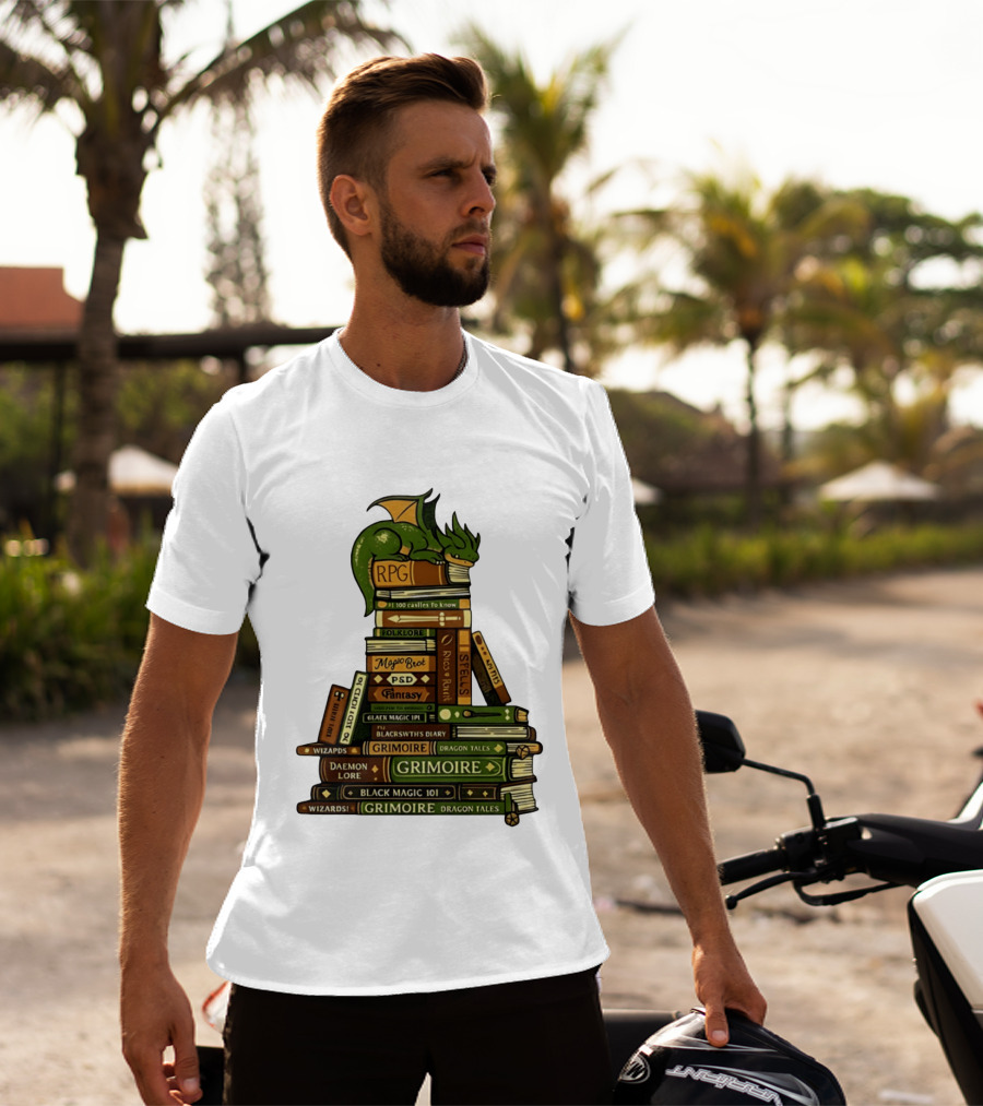 Dragon Resting On RPG Fantasy Grimoire Magic Books Stack T-Shirt
