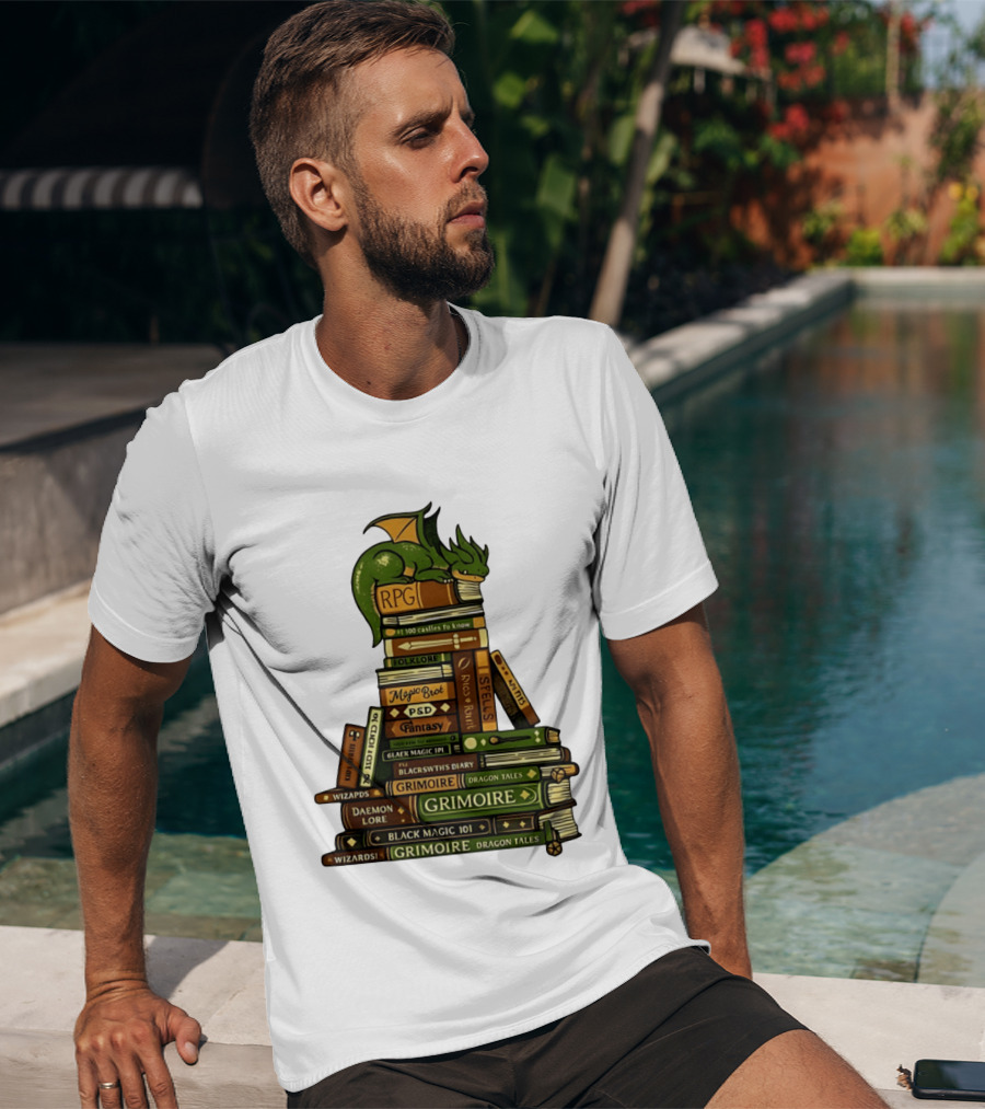 Dragon Resting On RPG Fantasy Grimoire Magic Books Stack T-Shirt