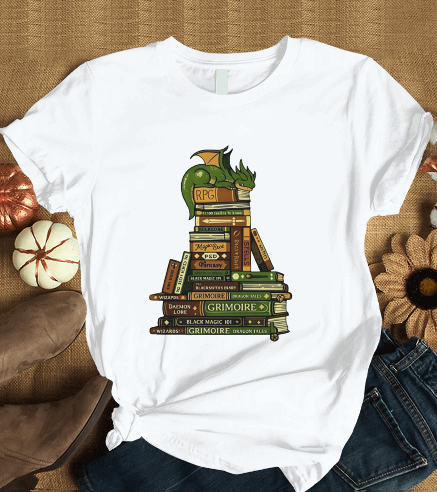Dragon Resting On RPG Fantasy Grimoire Magic Books Stack T-Shirt