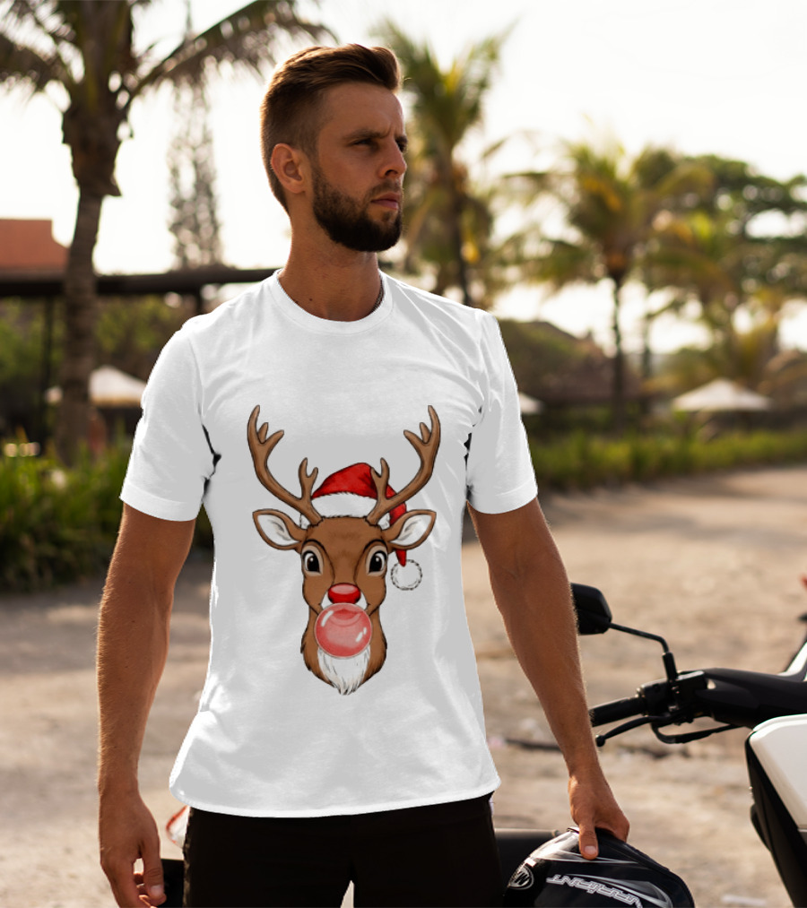 Merry Christmas Reindeer Santa Hat Bubble Gum Red Nose T-Shirt