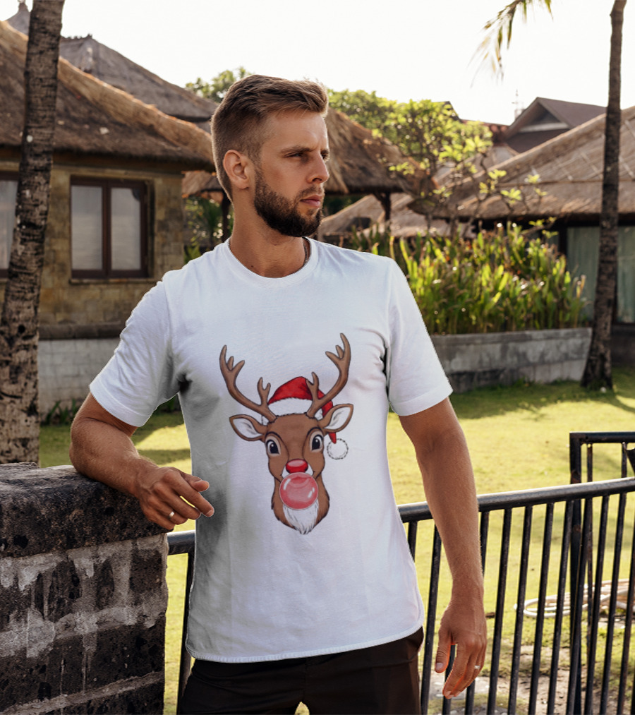 Merry Christmas Reindeer Santa Hat Bubble Gum Red Nose T-Shirt