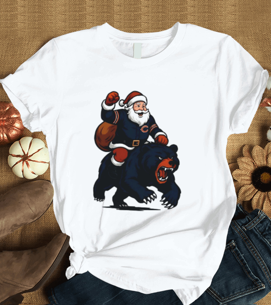 Chicago Bears Santa Claus Riding Bear Christmas Football T-Shirt