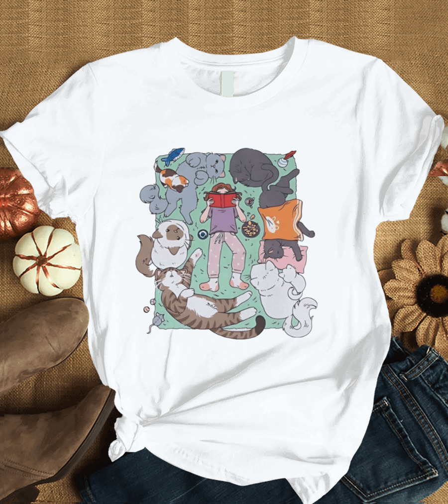 Girl Reading A Book With Cats Around Her Cat Lover T-Shirt