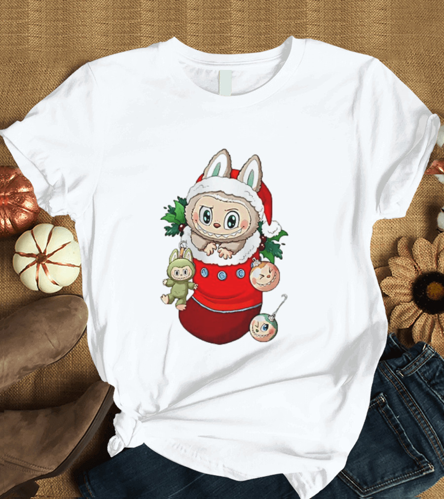 Stocking Stuffer Labubu Christmas Santa Hat Holly Ornaments T-Shirt