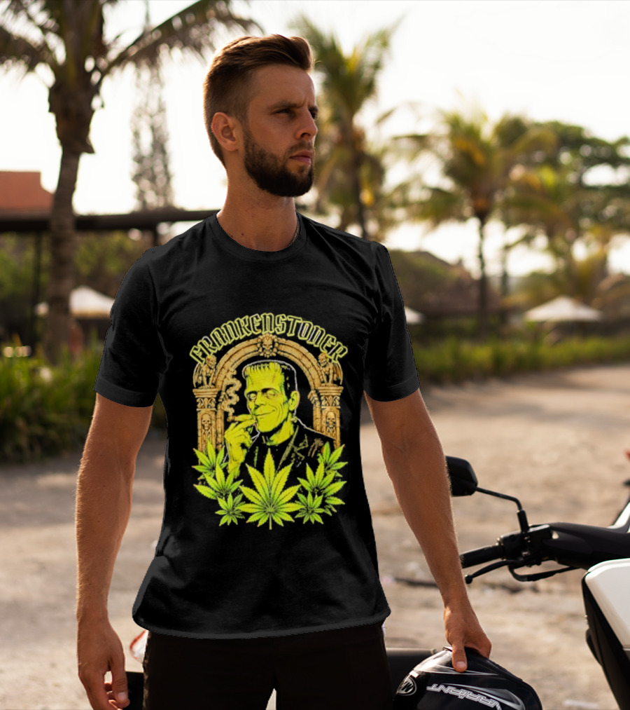 Frankenstoner Frankenstein Marijuana Smoking Arch Skulls T-Shirt