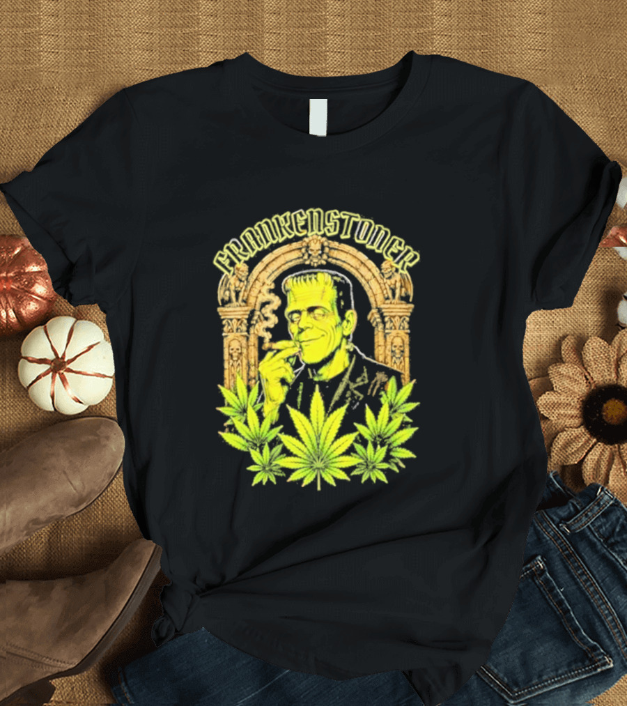 Frankenstoner Frankenstein Marijuana Smoking Arch Skulls T-Shirt