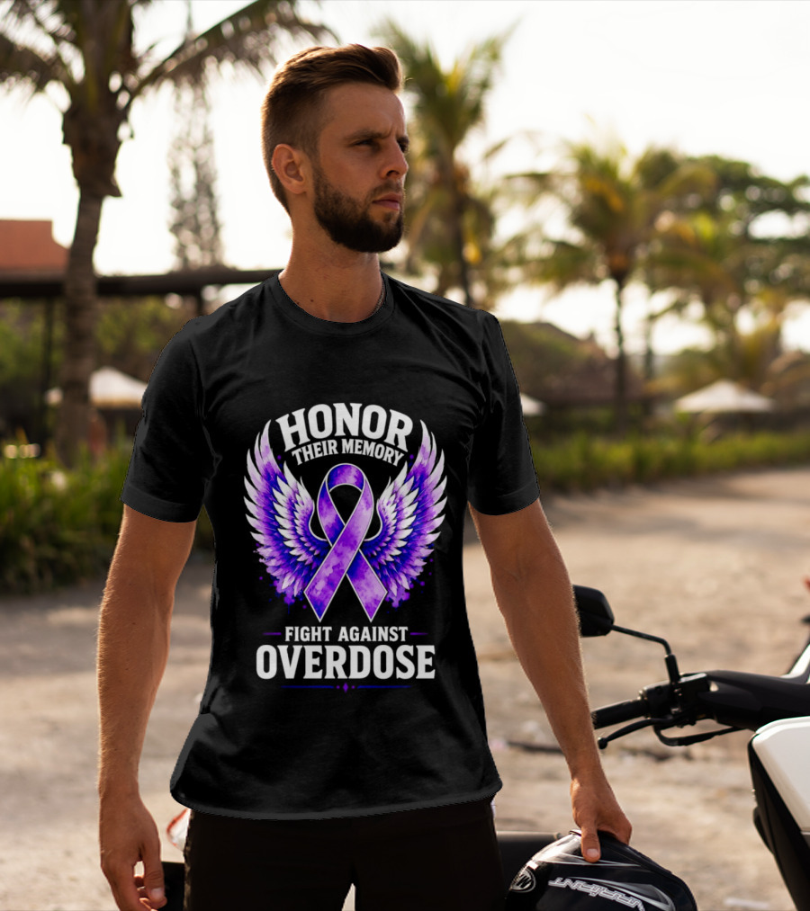 Honor Their Memory Fight Against Overdose Purple Ribbon Wings T-Shirt