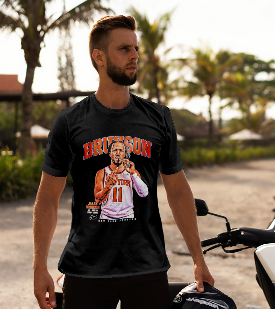 Jalen Brunson Middle Finger New York Knicks NBA Point Guard Brunson 11 Old Yolk Records Knicks T-Shirt