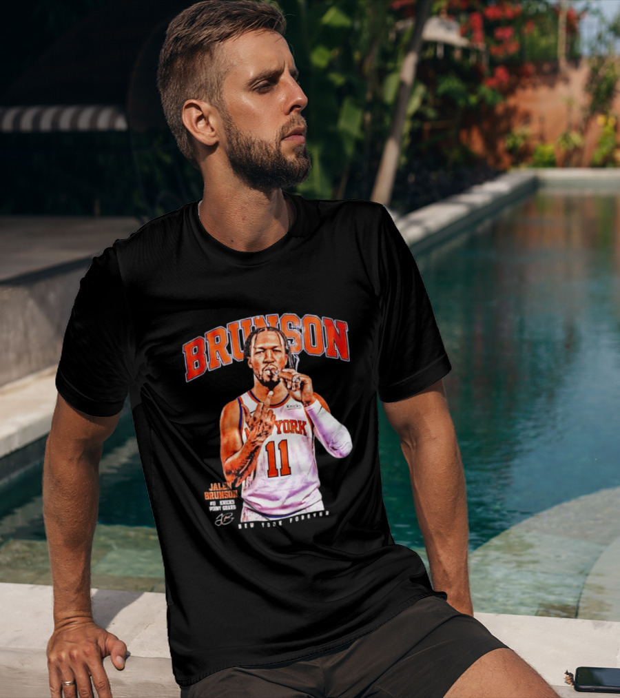 Jalen Brunson Middle Finger New York Knicks NBA Point Guard Brunson 11 Old Yolk Records Knicks T-Shirt