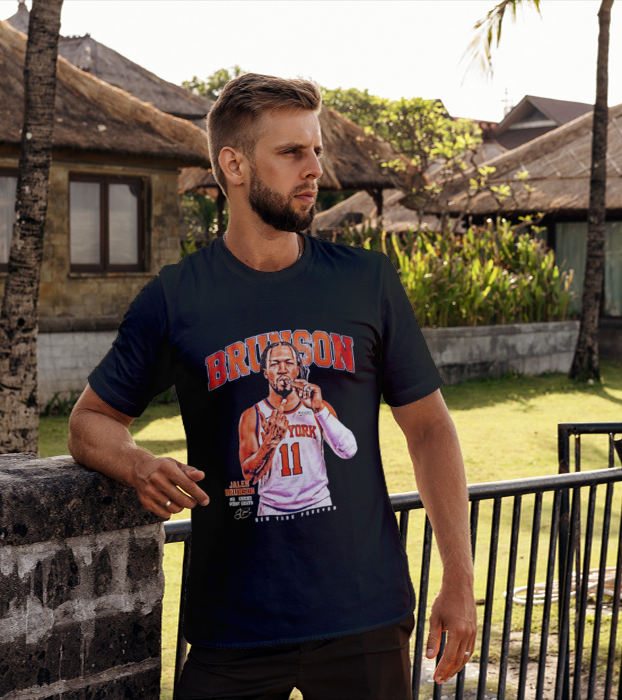 Jalen Brunson Middle Finger New York Knicks NBA Point Guard Brunson 11 Old Yolk Records Knicks T-Shirt