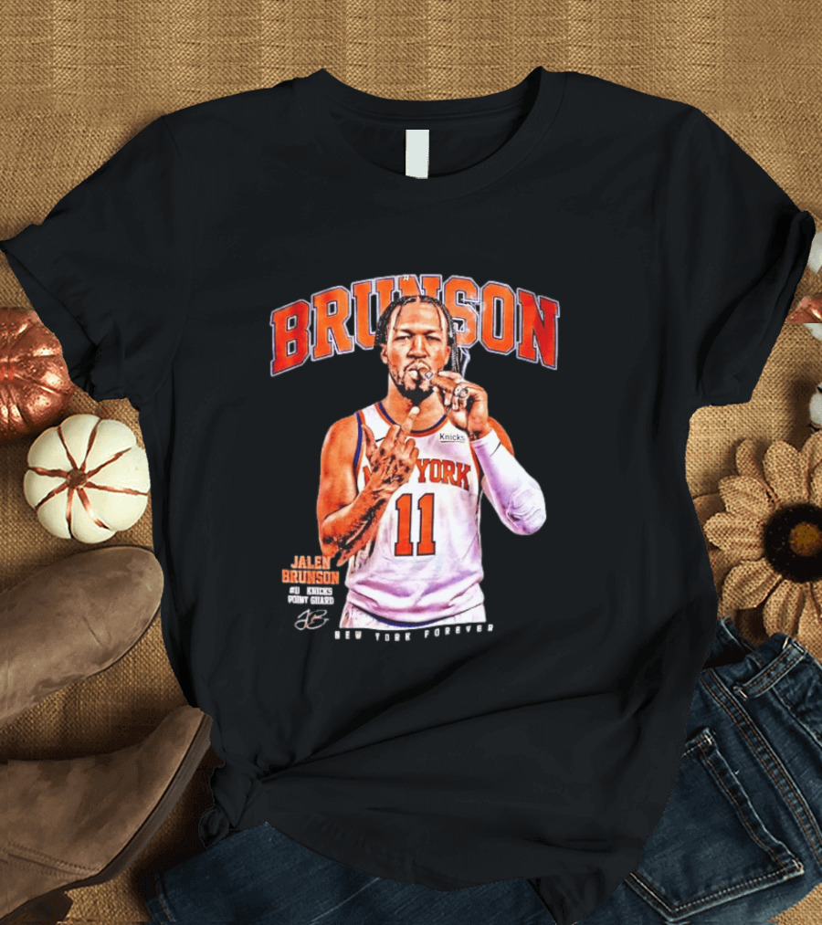 Jalen Brunson Middle Finger New York Knicks NBA Point Guard Brunson 11 Old Yolk Records Knicks T-Shirt