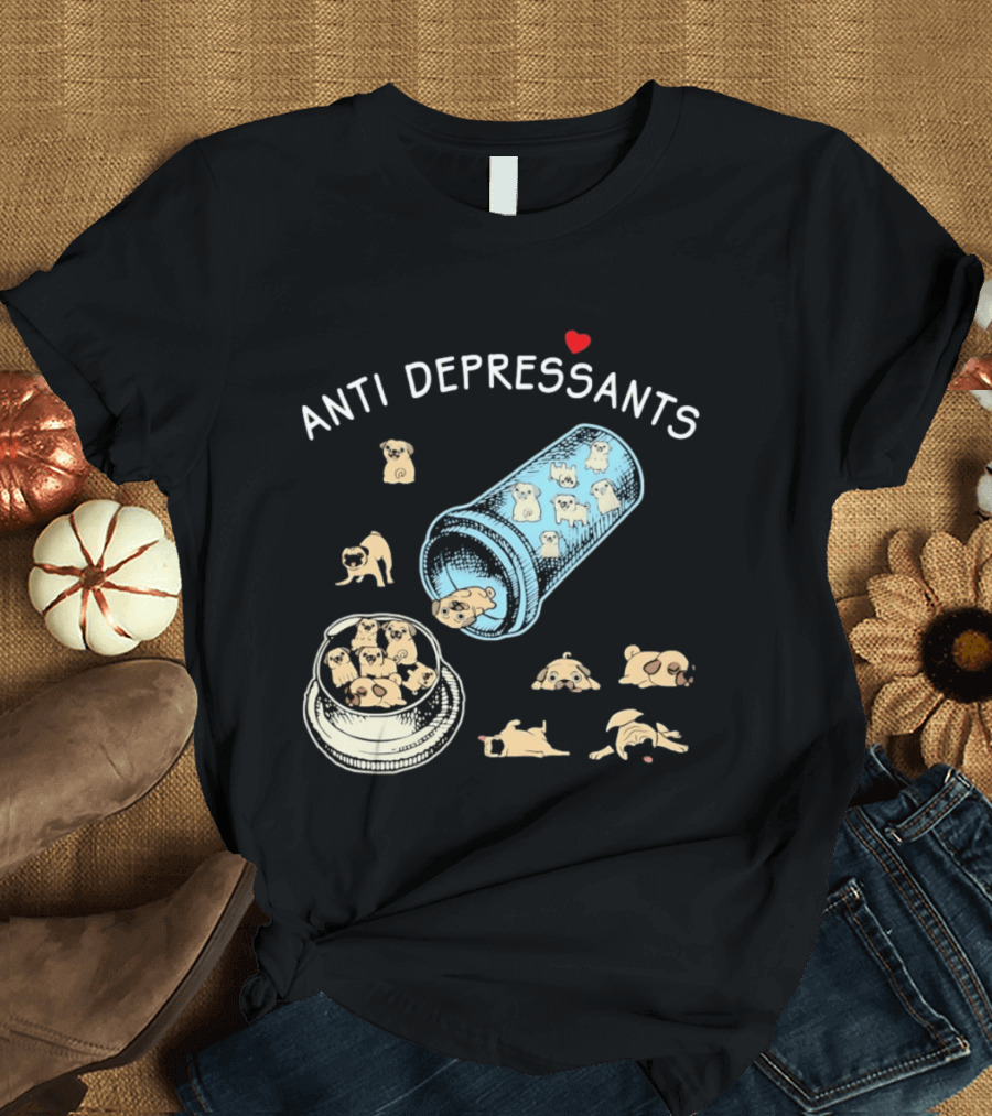 Anti Depressants Pug Puppies In Pill Bottle T-Shirt