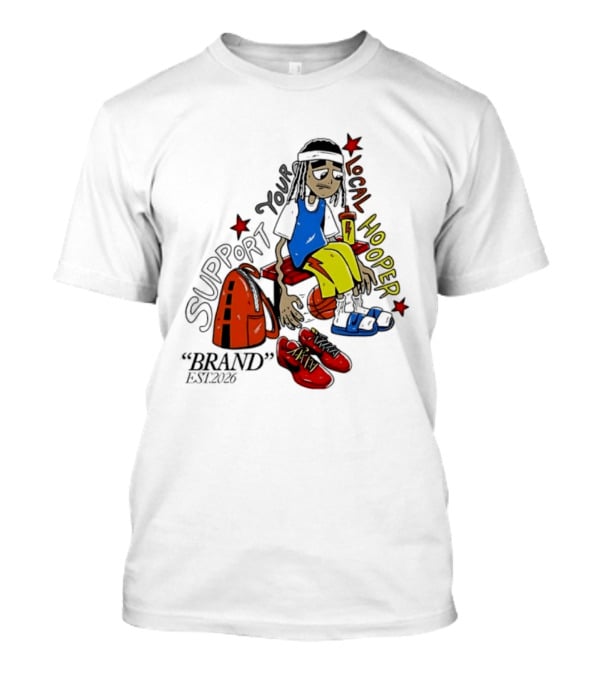 Support Your Local Hooper Cartoon Basketball Player Backpack Red Shoes Brand Est 2026 T-Shirt