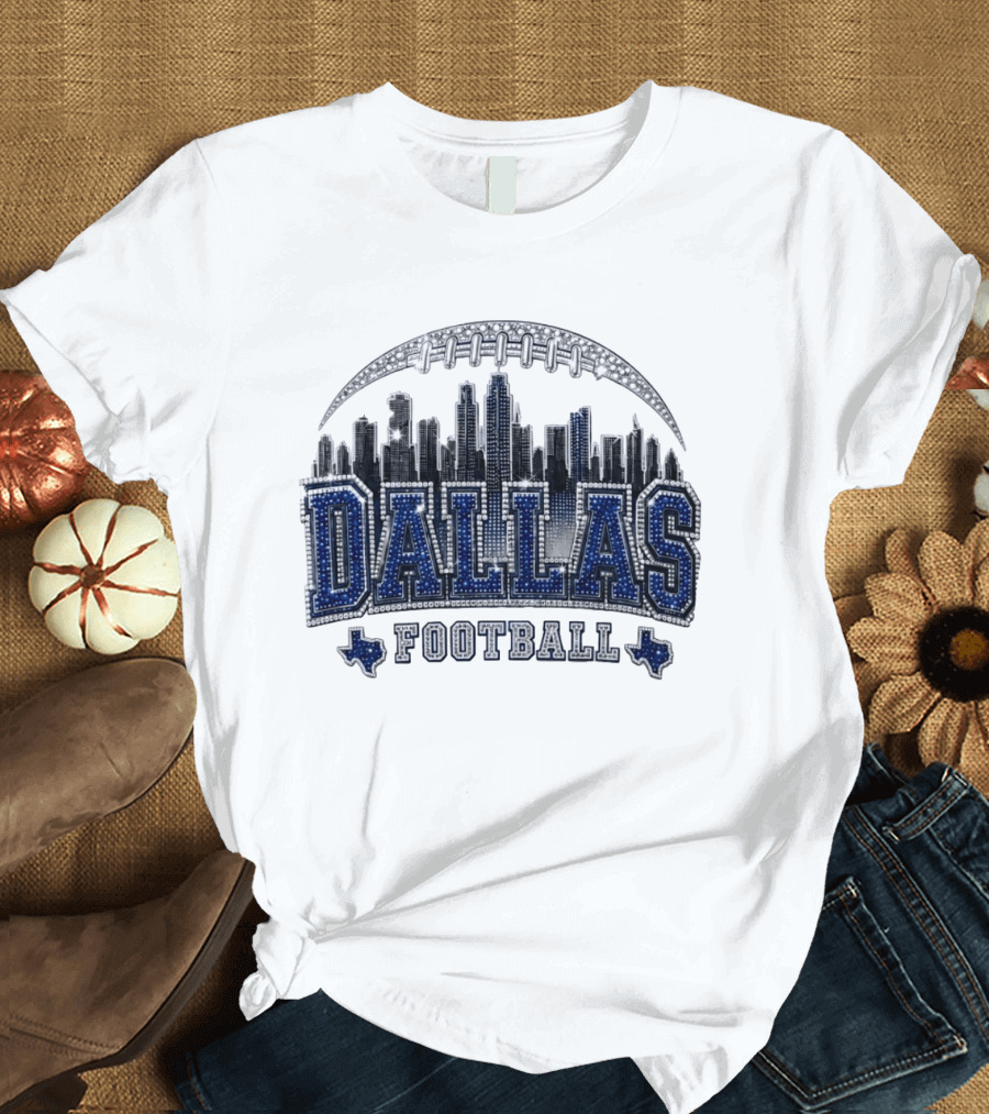 Dallas Football Skyline Rhinestone Texas Cityscape T-Shirt