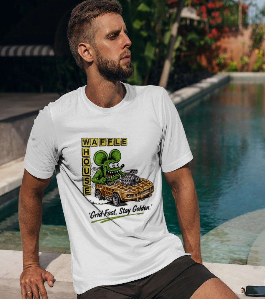 Rat Fink Waffle House Grid Fast Stay Golden Car Racer T-Shirt