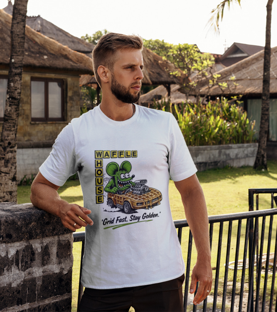 Rat Fink Waffle House Grid Fast Stay Golden Car Racer T-Shirt