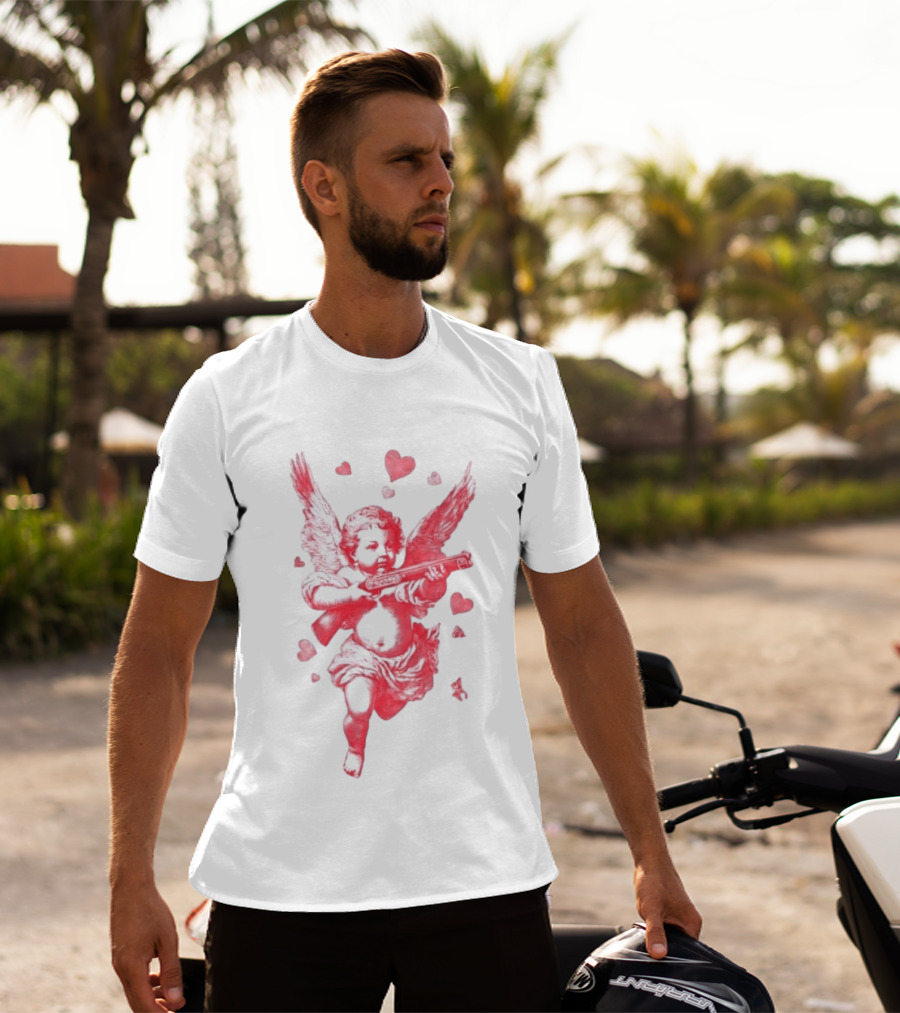 Red Pink Cherub Cupid Shotgun Hearts Clouds T-Shirt