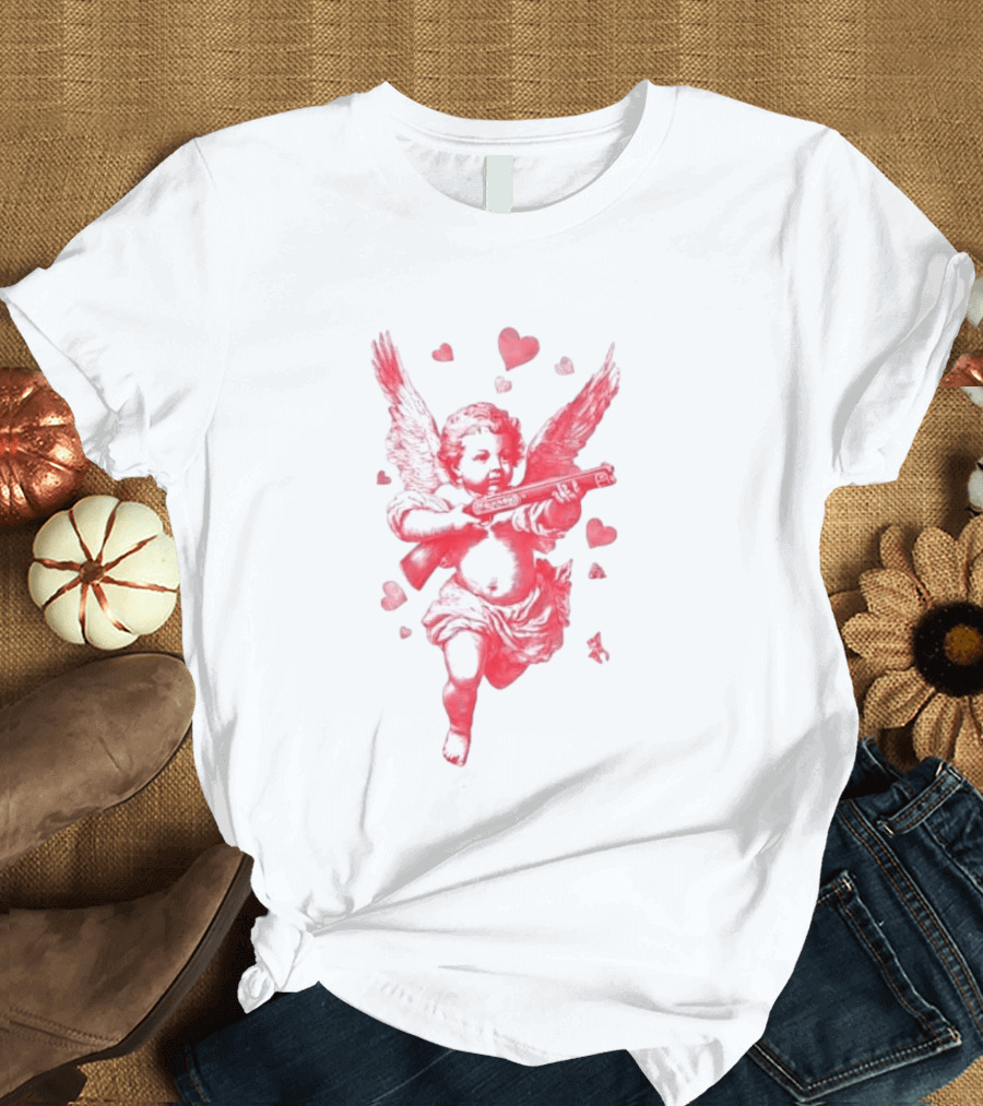 Red Pink Cherub Cupid Shotgun Hearts Clouds T-Shirt