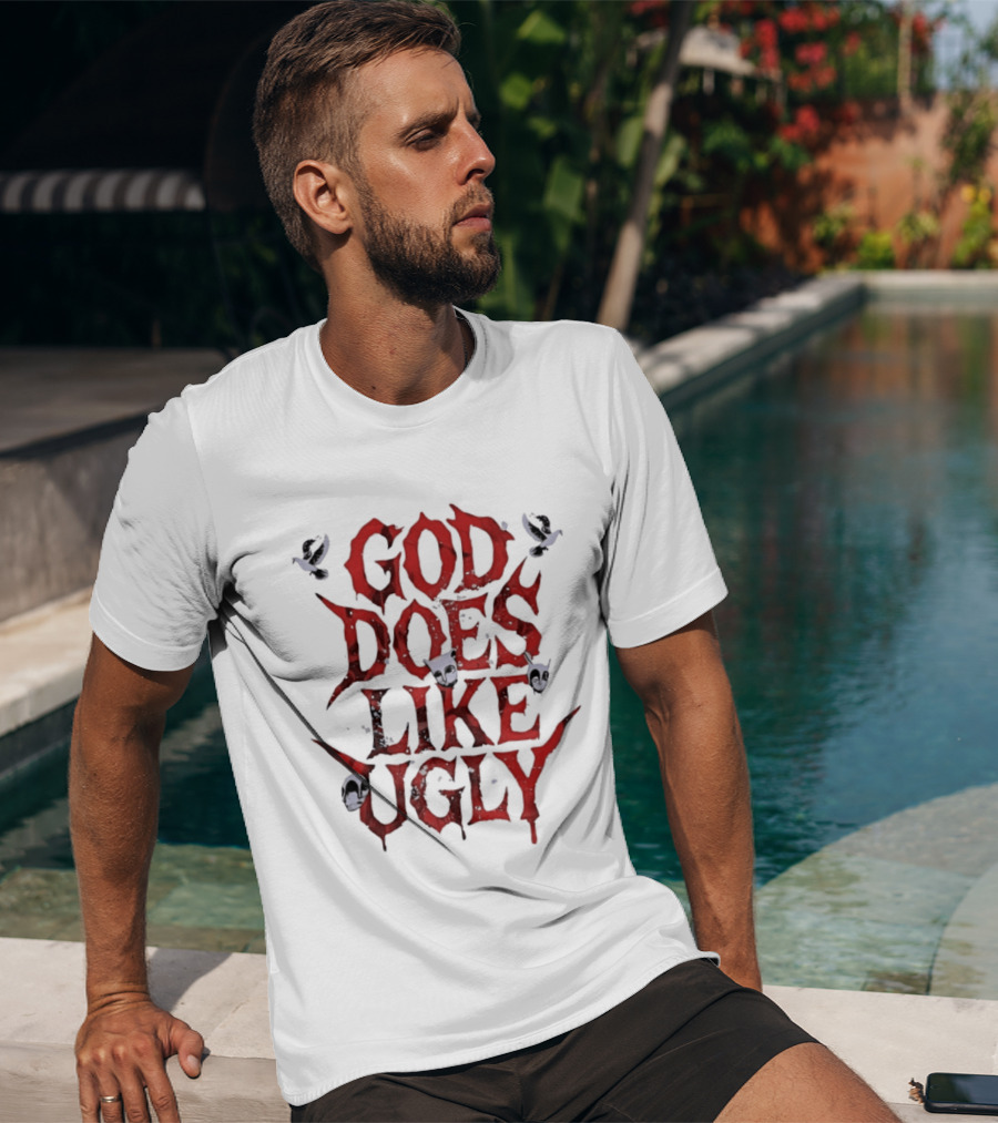 God Does Like Ugly Streetwear Edgy Red Text With Skulls And Butterflies T-Shirt