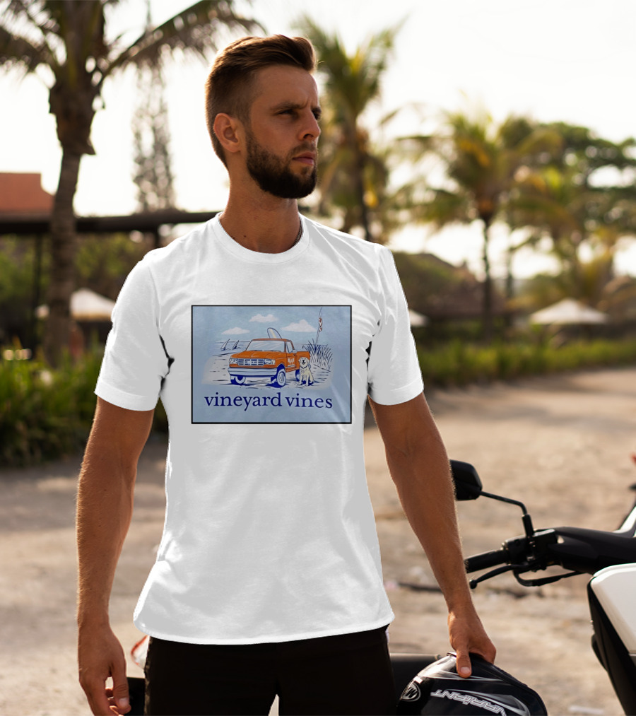 Vineyard Vines Beach Dog And Surf Truck Scene With Golden Retriever T-Shirt