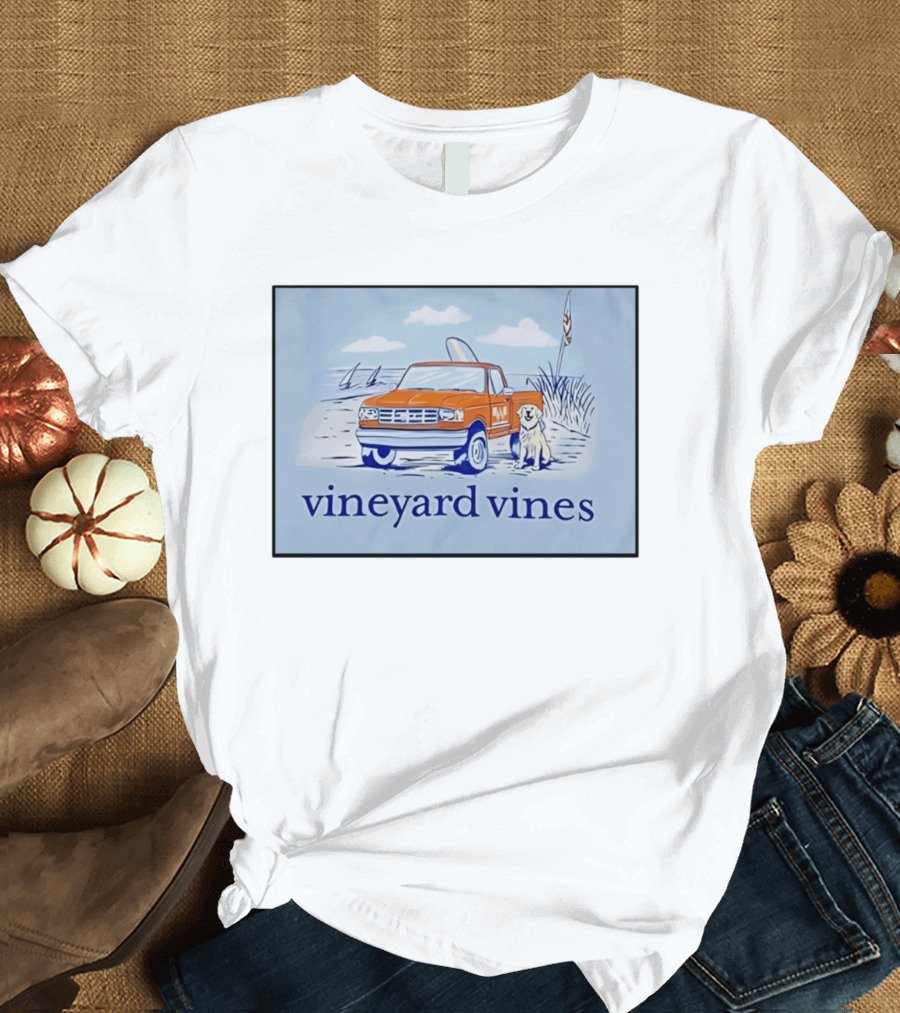 Vineyard Vines Beach Dog And Surf Truck Scene With Golden Retriever T-Shirt