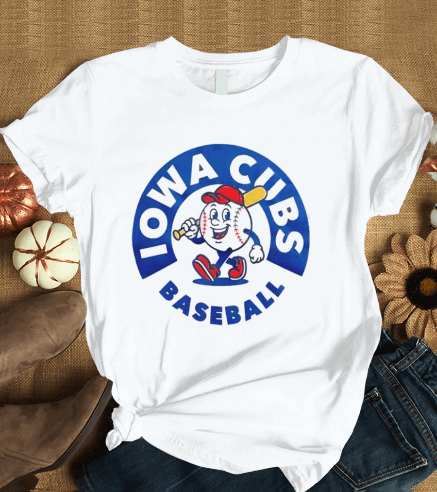 Iowa Cubs MLB Baseball Cartoon Walking Ball Bat Red Cap T-Shirt