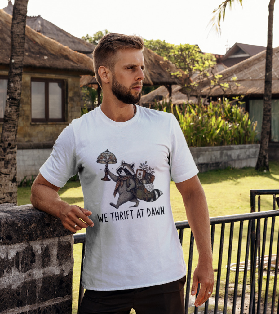 Raccoon With Backpack And Lamp We Thrift At Dawn T-Shirt